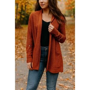 Almost Famous‎ Womens Hooded Knit Cardigan Open Front Sweater Brown Cozy chunky
